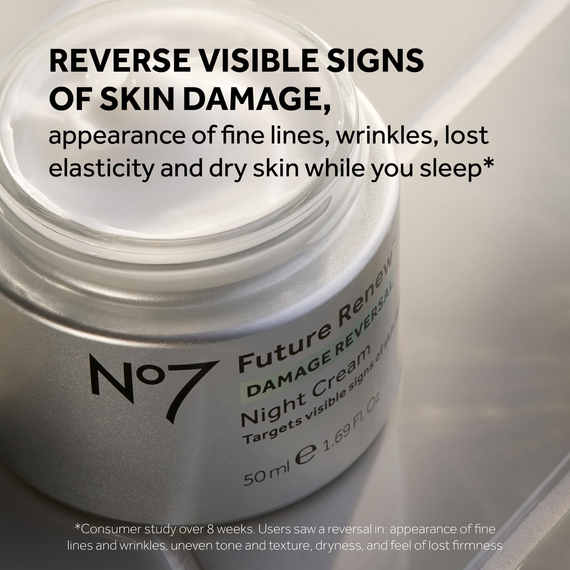 No7 Future Renew cream texture close-up reveals creamy velvety consistency.