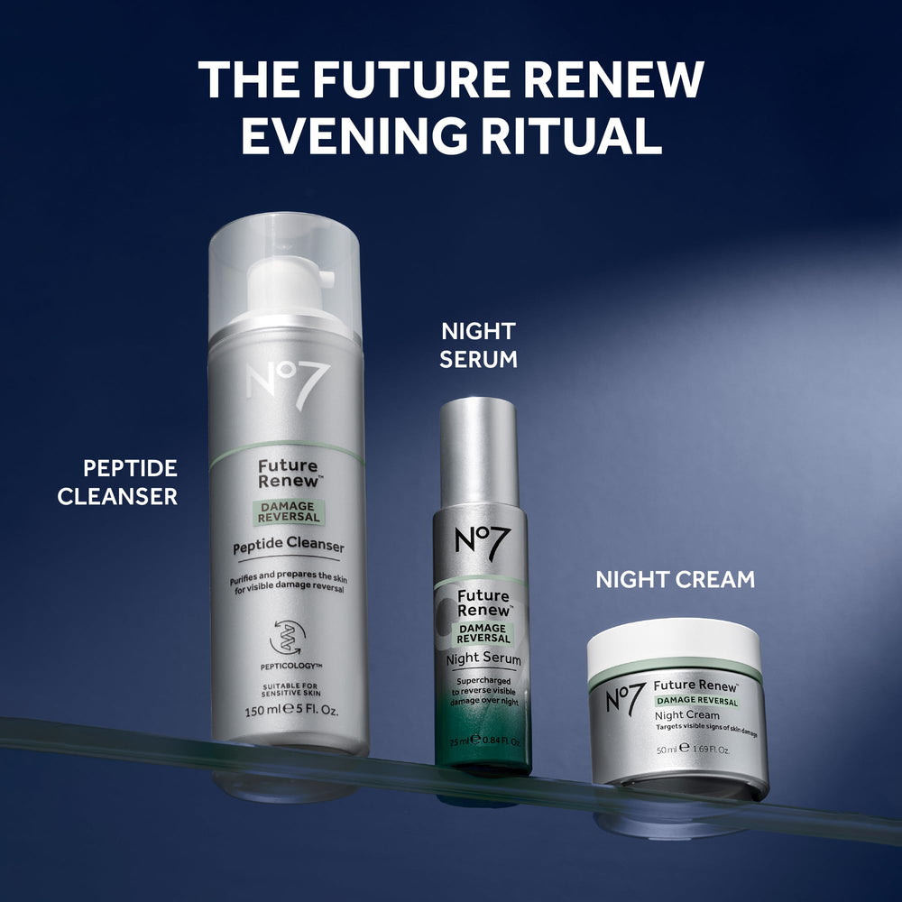 No7 Future Renew night serum back-of-box features key benefits at a glance