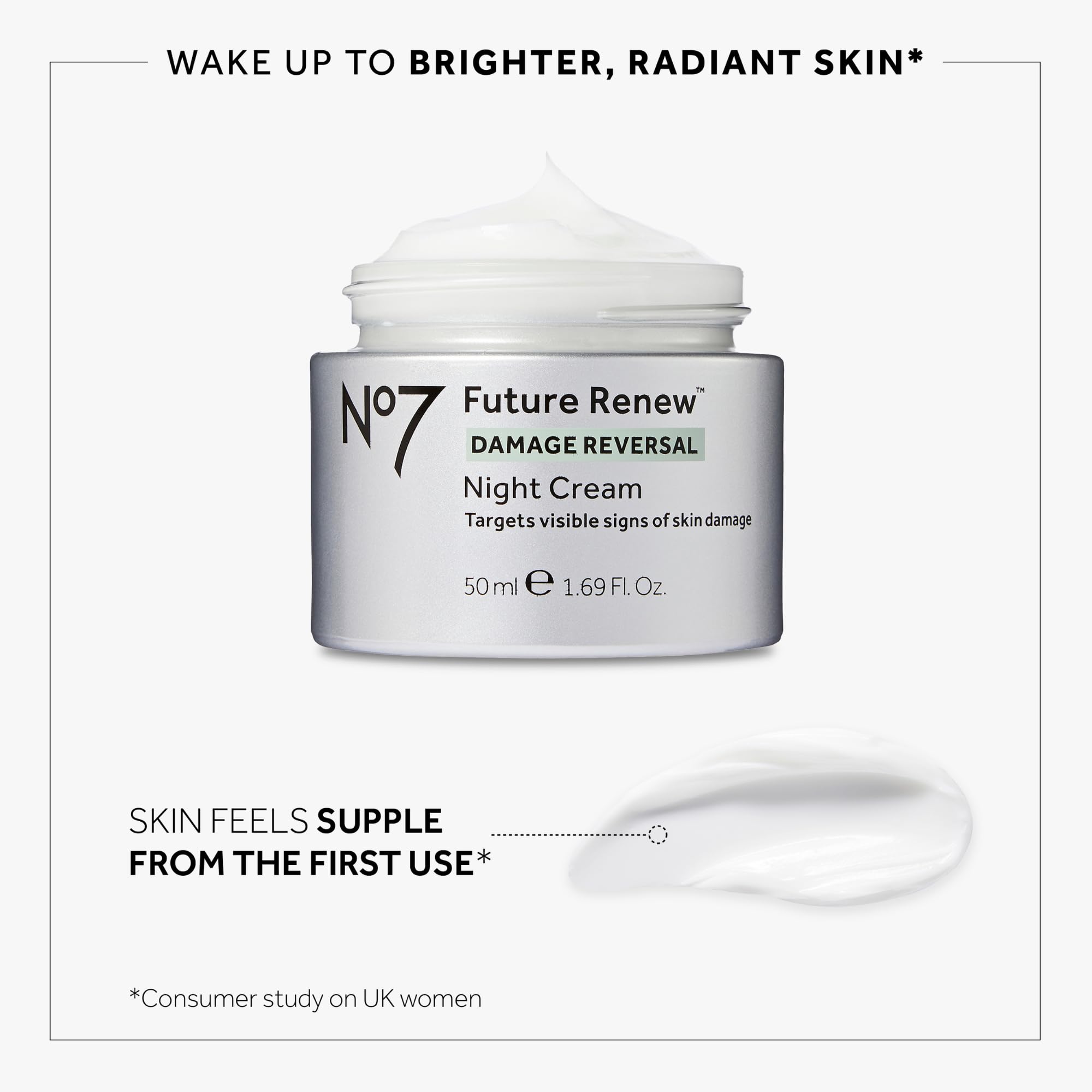No7 Future Renew Day Cream spread showing even, hydrated finish.
