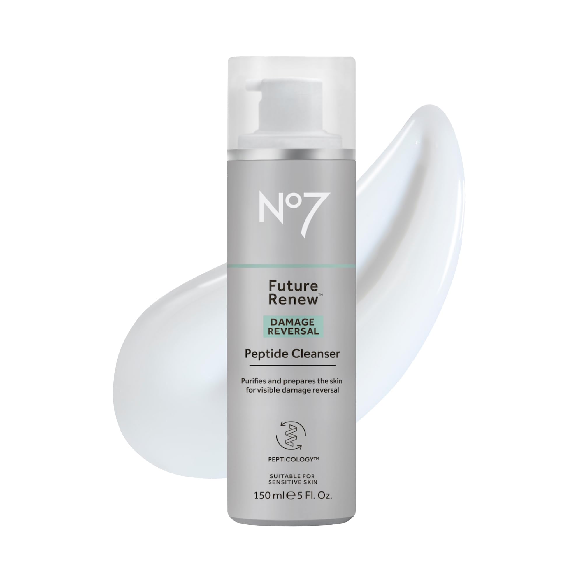 No7 Future Renew peptide cleanser bottle for daily, gentle cleansing that prepares skin for next steps.
