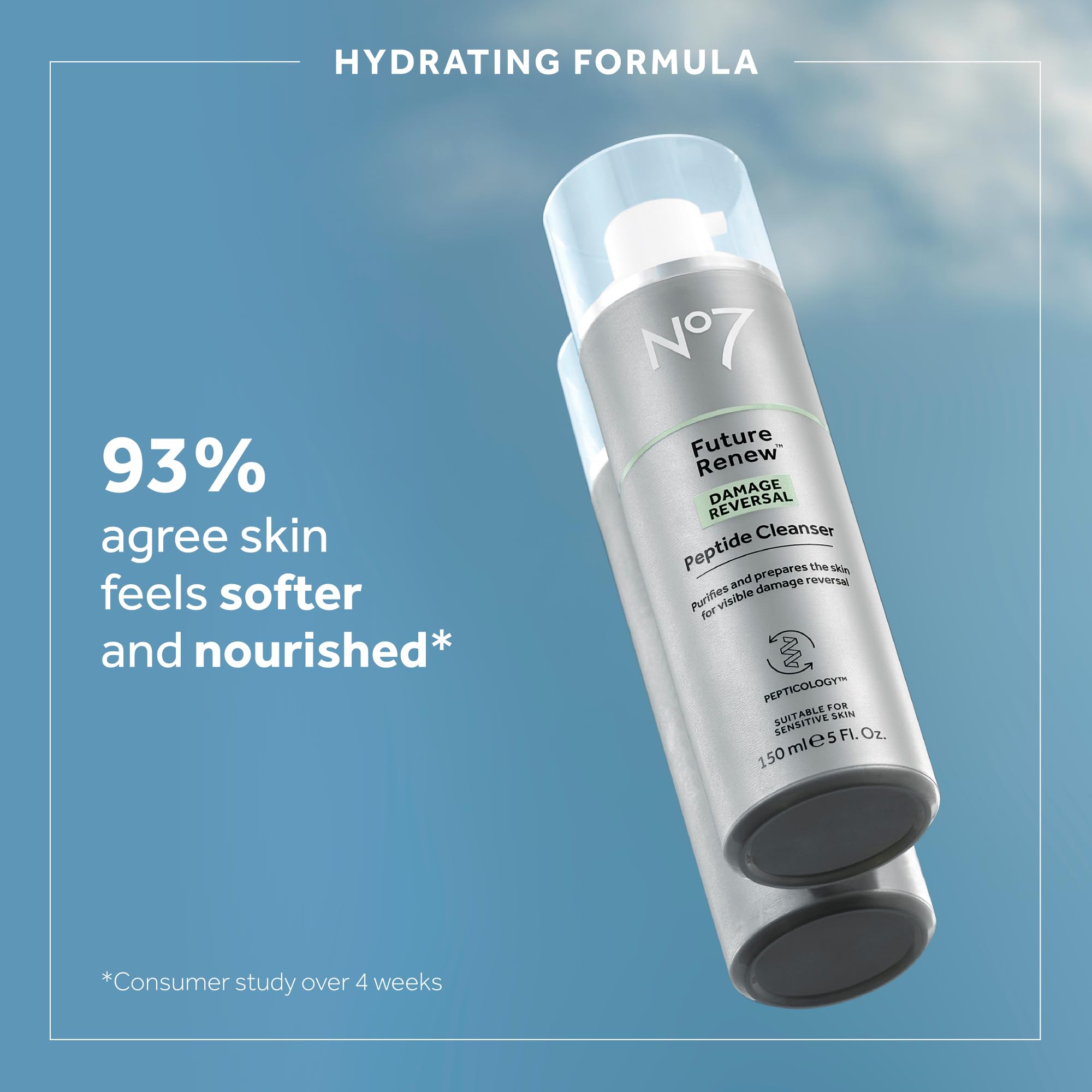 No7 Future Renew cleanser on bathroom countertop representing simple daily ritual for renewed skin.