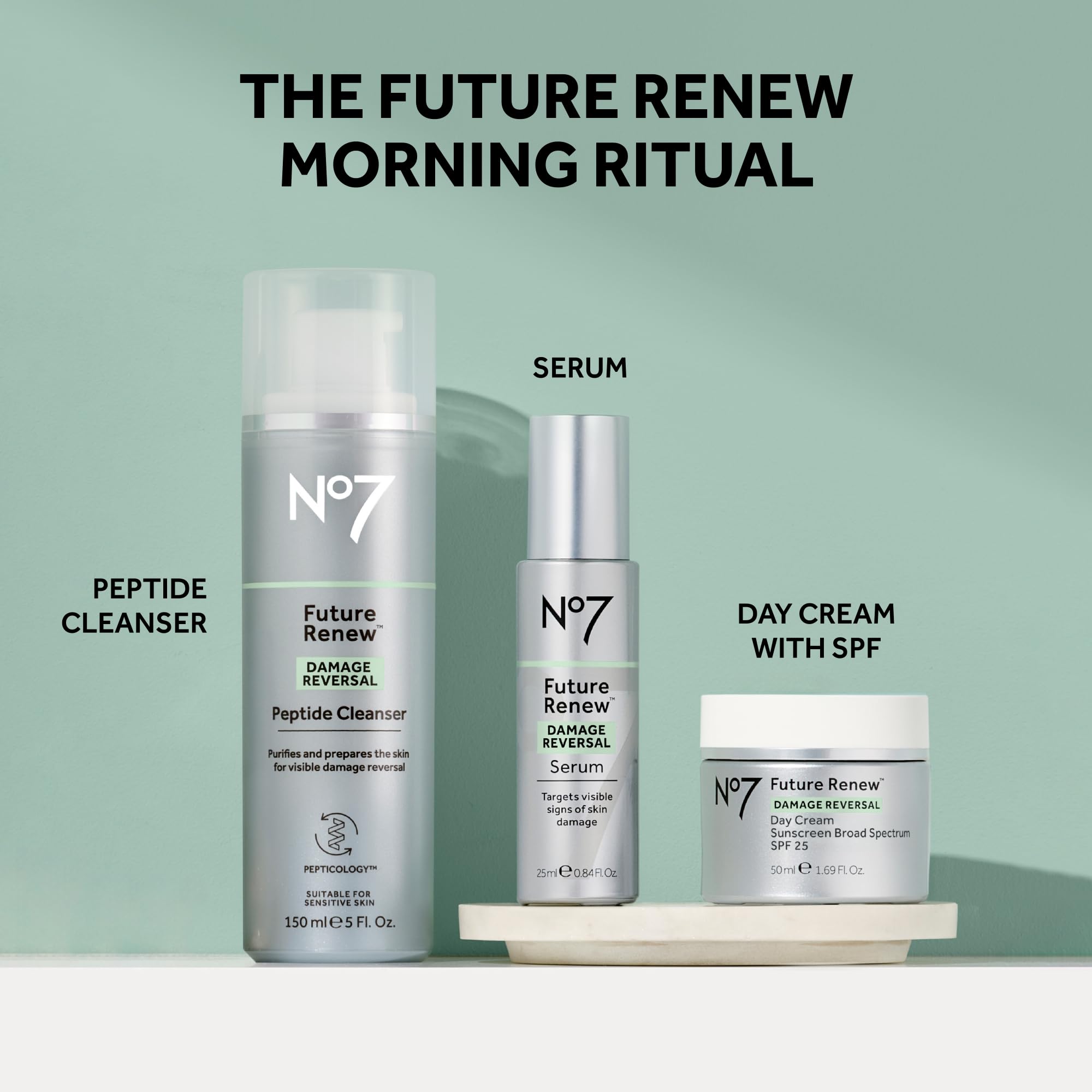 No7 Future Renew peptide cleanser label close-up communicates vitamin C and niacinamide benefits.