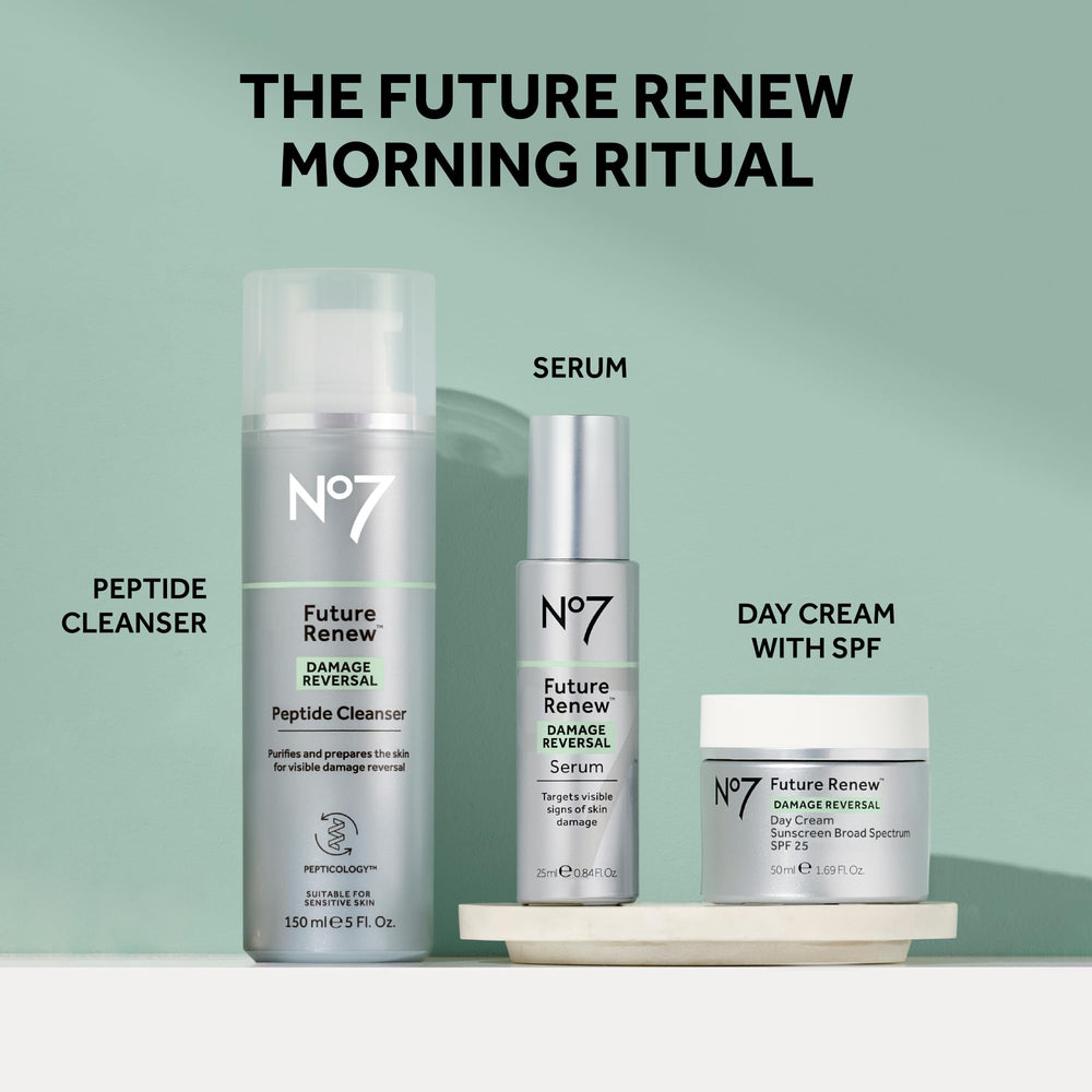 No7 Future Renew peptide cleanser label close-up communicates vitamin C and niacinamide benefits.