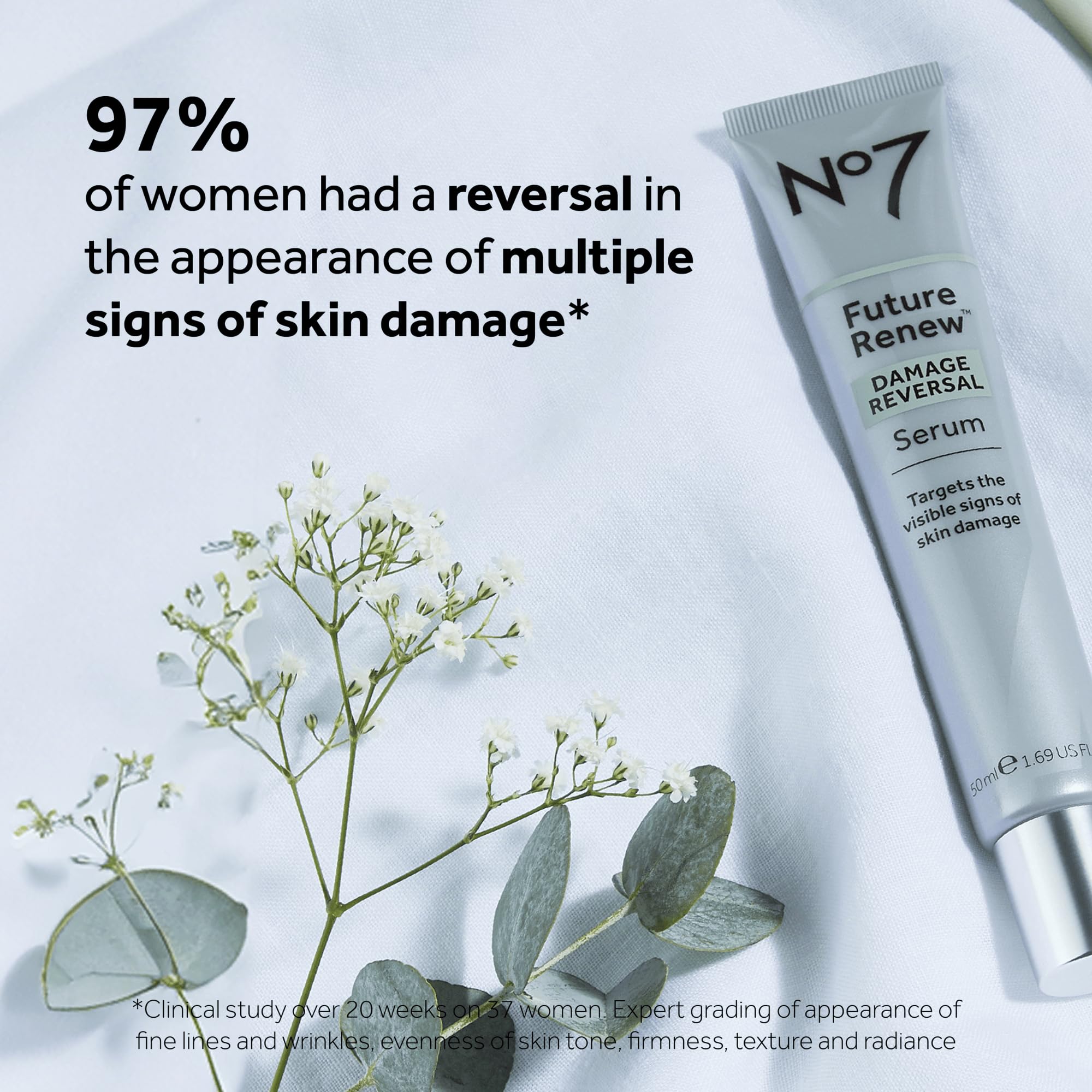 No7 Future Renew serum in-hand application suggesting quick, non-sticky absorption before makeup