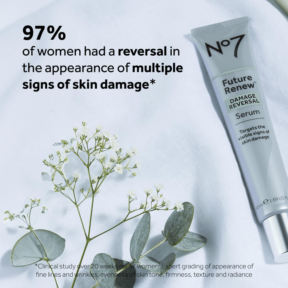 No7 Future Renew serum in-hand application suggesting quick, non-sticky absorption before makeup