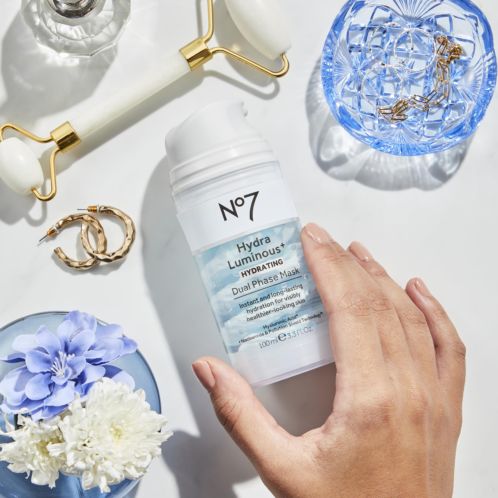 No7 HydraLuminous+ hyaluronic acid visual emphasizes multi-layer hydration across skin