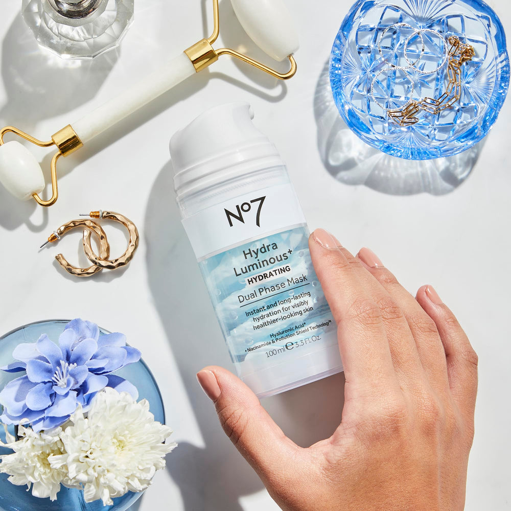 No7 HydraLuminous+ hyaluronic acid visual emphasizes multi-layer hydration across skin