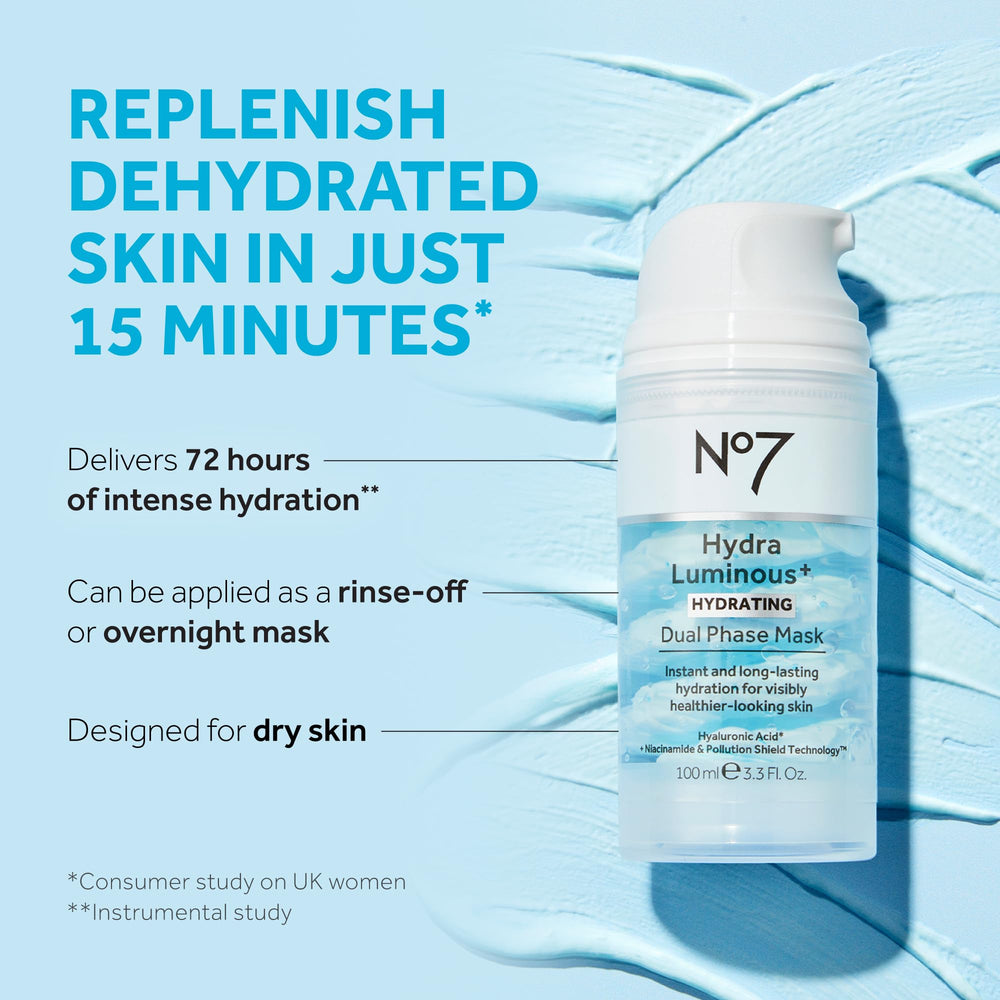 Closeup of No7 HydraLuminous+ jar highlighting the dual-phase texture for overnight hydration