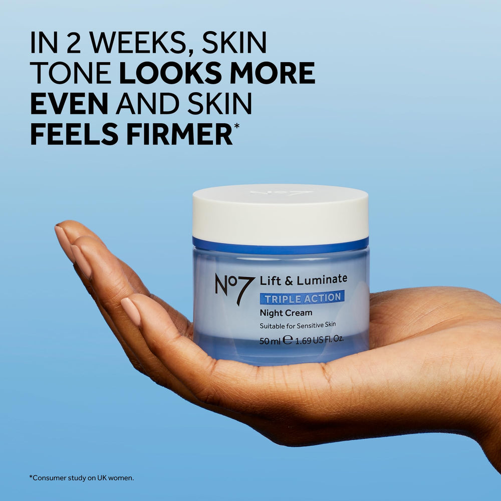 No7 Lift and Luminate applied to neck area for firming and brightening.
