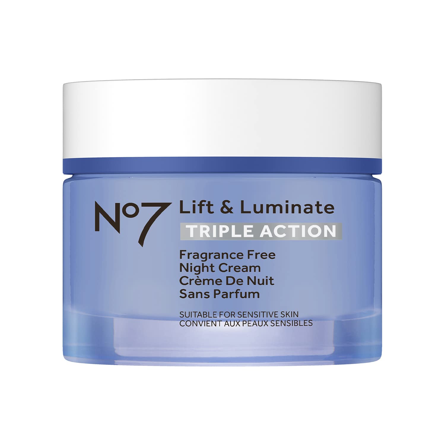 No7 Lift and Luminate night cream bottle for radiant overnight skin.