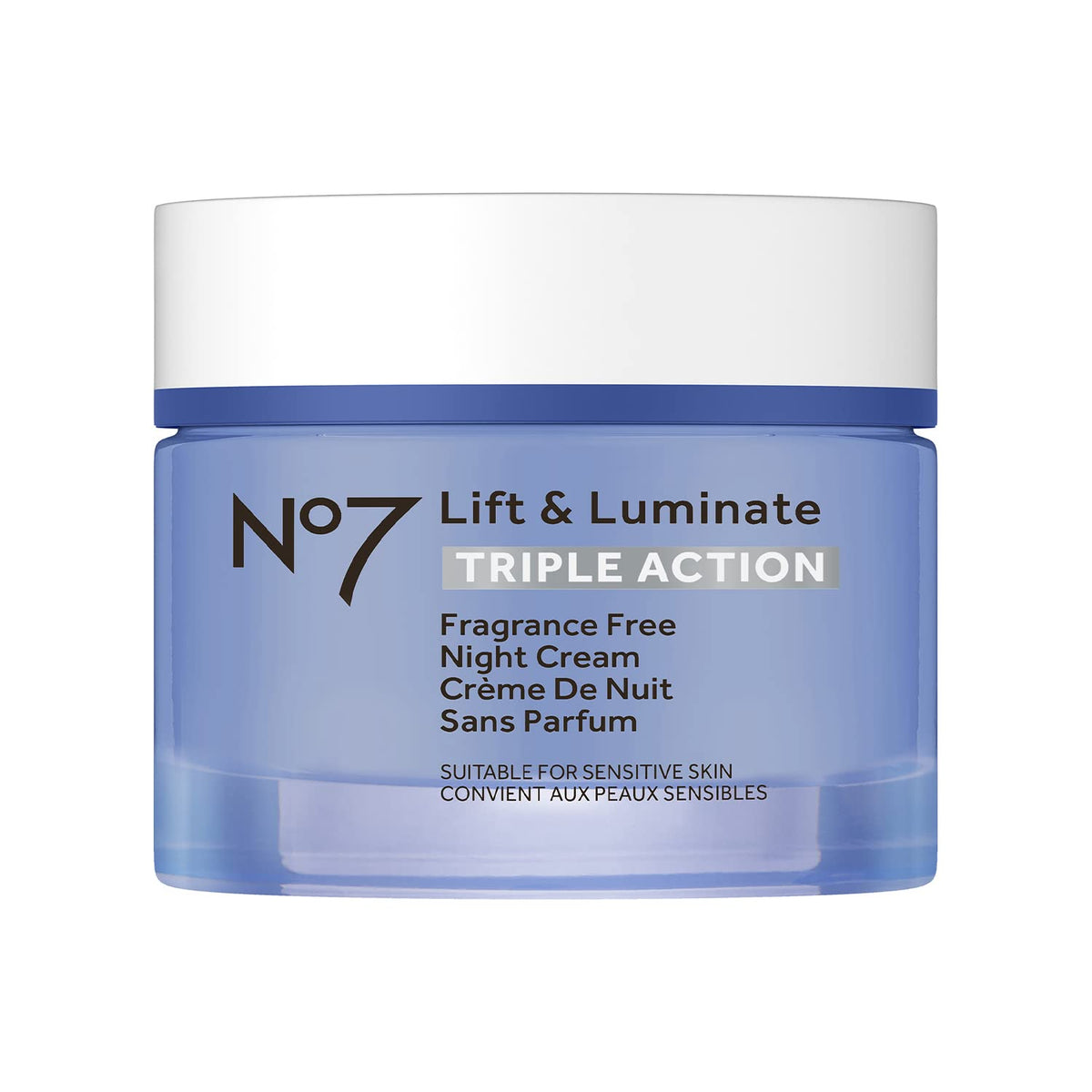 No7 Lift and Luminate night cream bottle for radiant overnight skin.