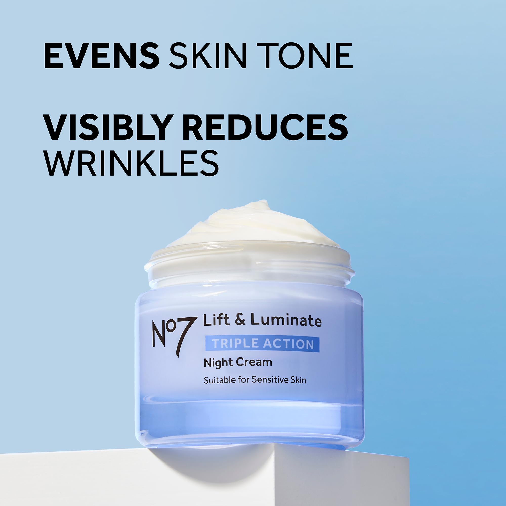 No7 Lift and Luminate jar closeup highlights a rich, hydrating texture for nighttime use.