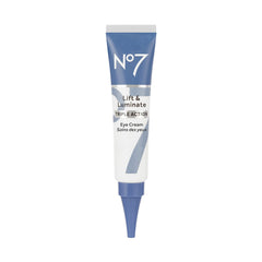 No7 Lift & Luminate bottle close-up for brightening daily eye care.