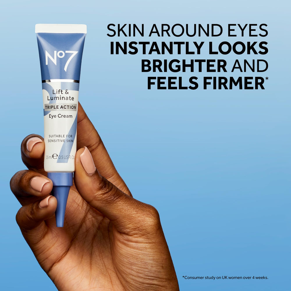 No7 Lift & Luminate collagen peptide technology graphic illustrates improved eye contour.