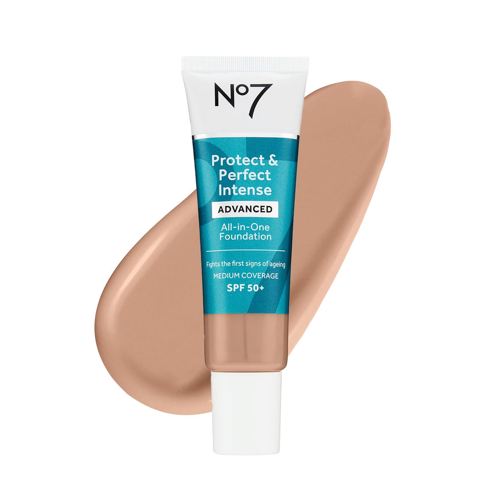 No7 Protect and Perfect foundation bottle in Cool Beige with SPF 50 for daily sun protection.