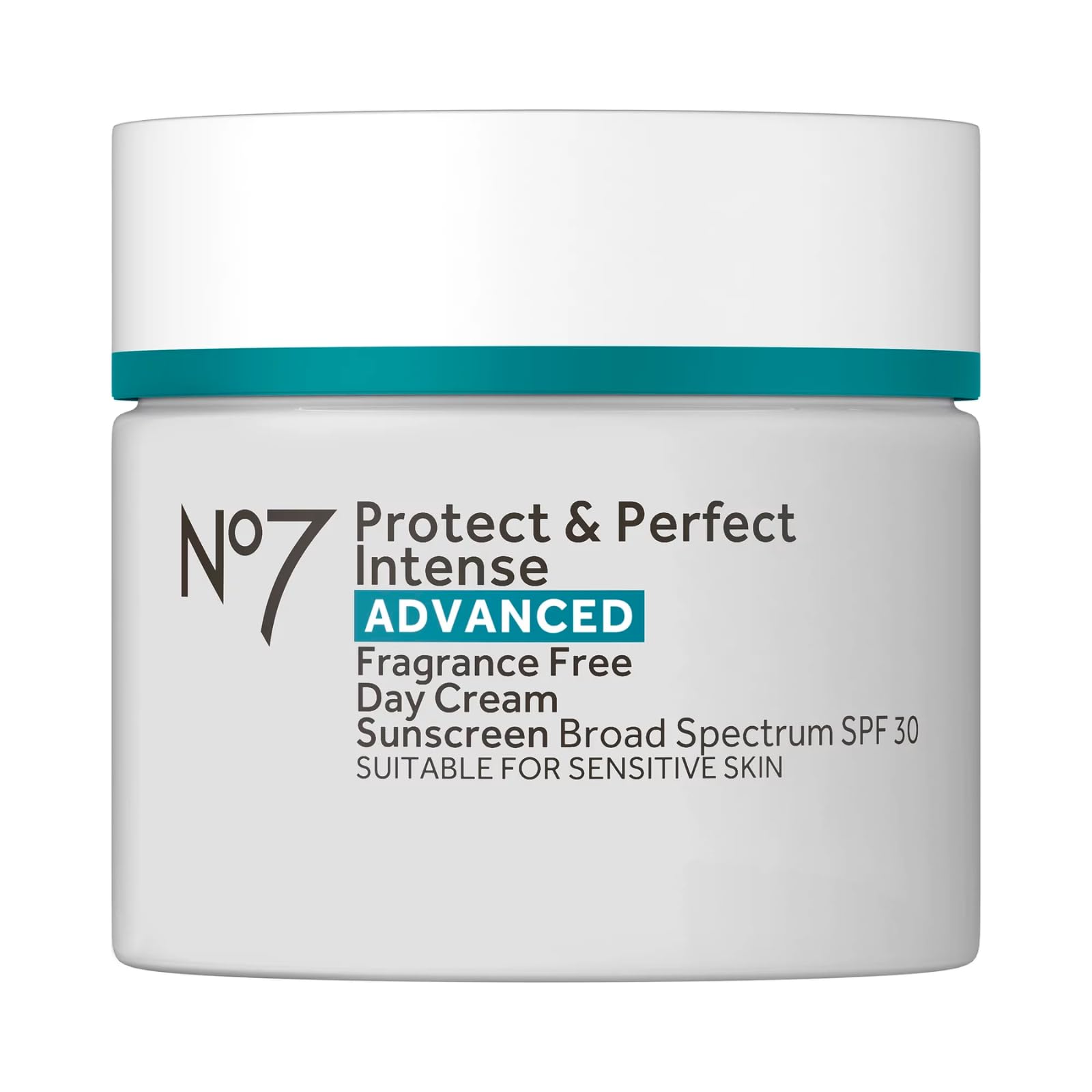 No7 Protect & Perfect fragrance-free day cream bottle with SPF 30 protection for daily use.