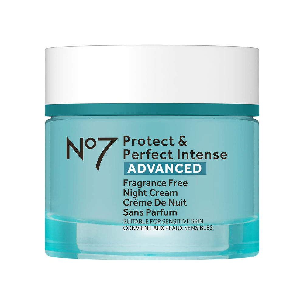 No7 Protect & Perfect Night Cream fragrance-free bottle ready for night-time skincare.