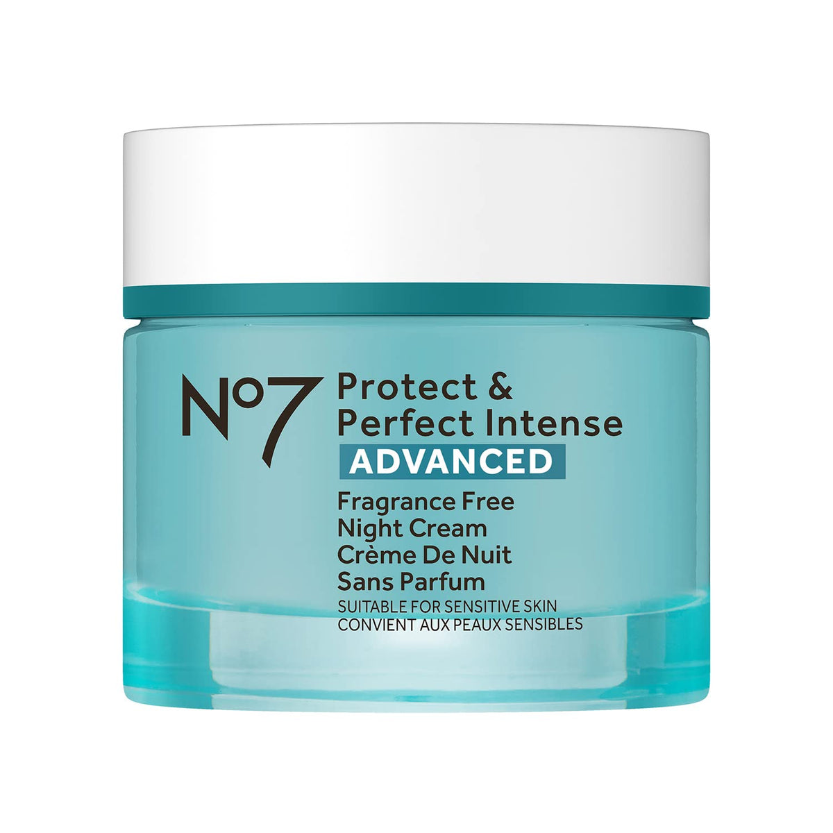 No7 Protect & Perfect Night Cream fragrance-free bottle ready for night-time skincare.