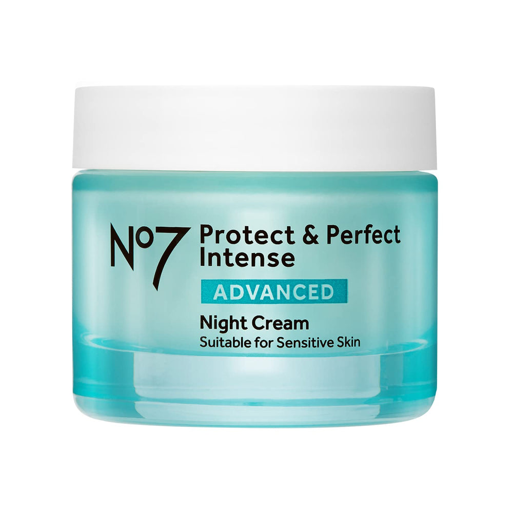 No7 Protect & Perfect Night Cream jar closeup shows rich nourishment for overnight hydration.