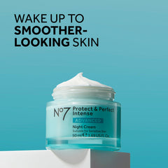 No7 Protect & Perfect Night Cream jar side highlights creamy texture supporting overnight repair.