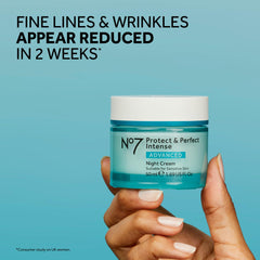 No7 Protect & Perfect Night Cream label detail emphasizes Matrixyl 3000+ peptide technology.