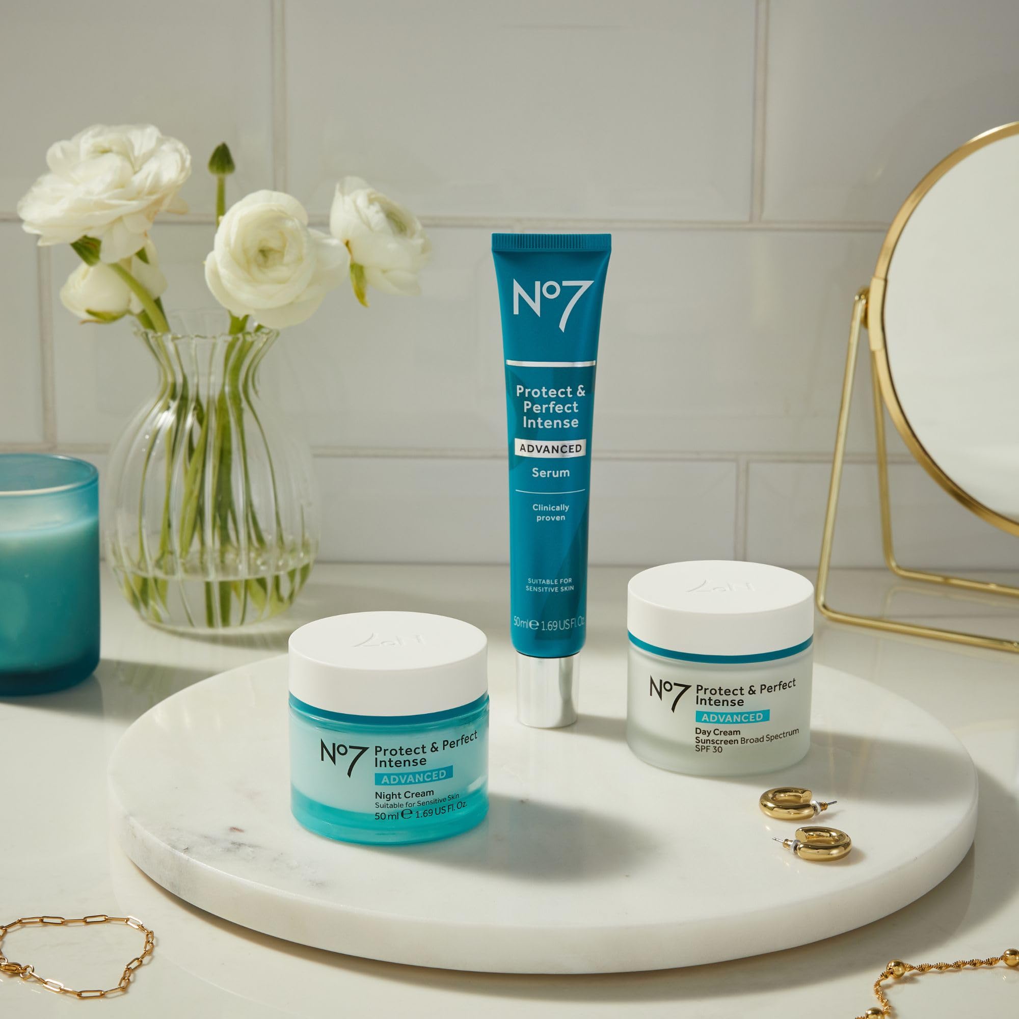 No7 Protect & Perfect Serum being applied to skin in motion
