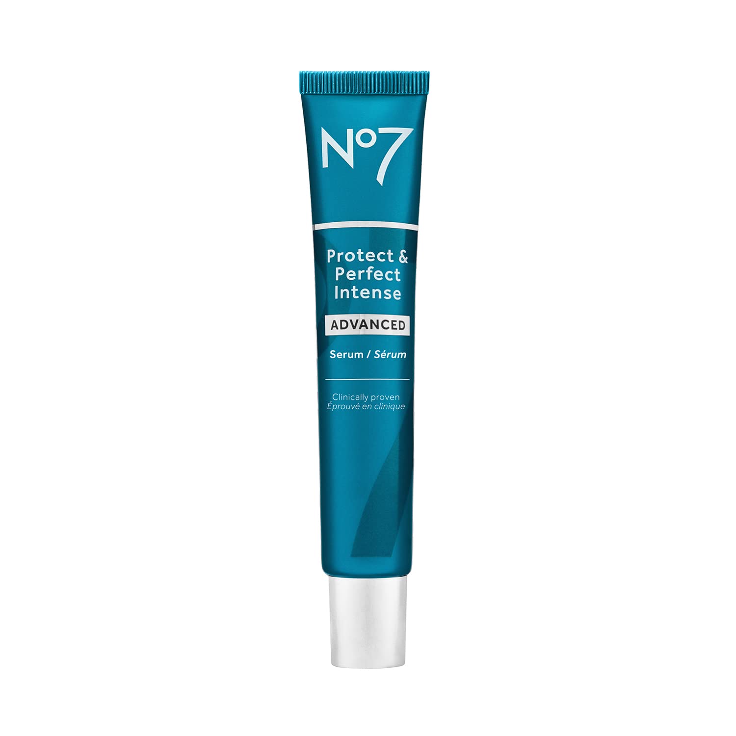 No7 Protect & Perfect Serum bottle close-up showing premium anti-aging care