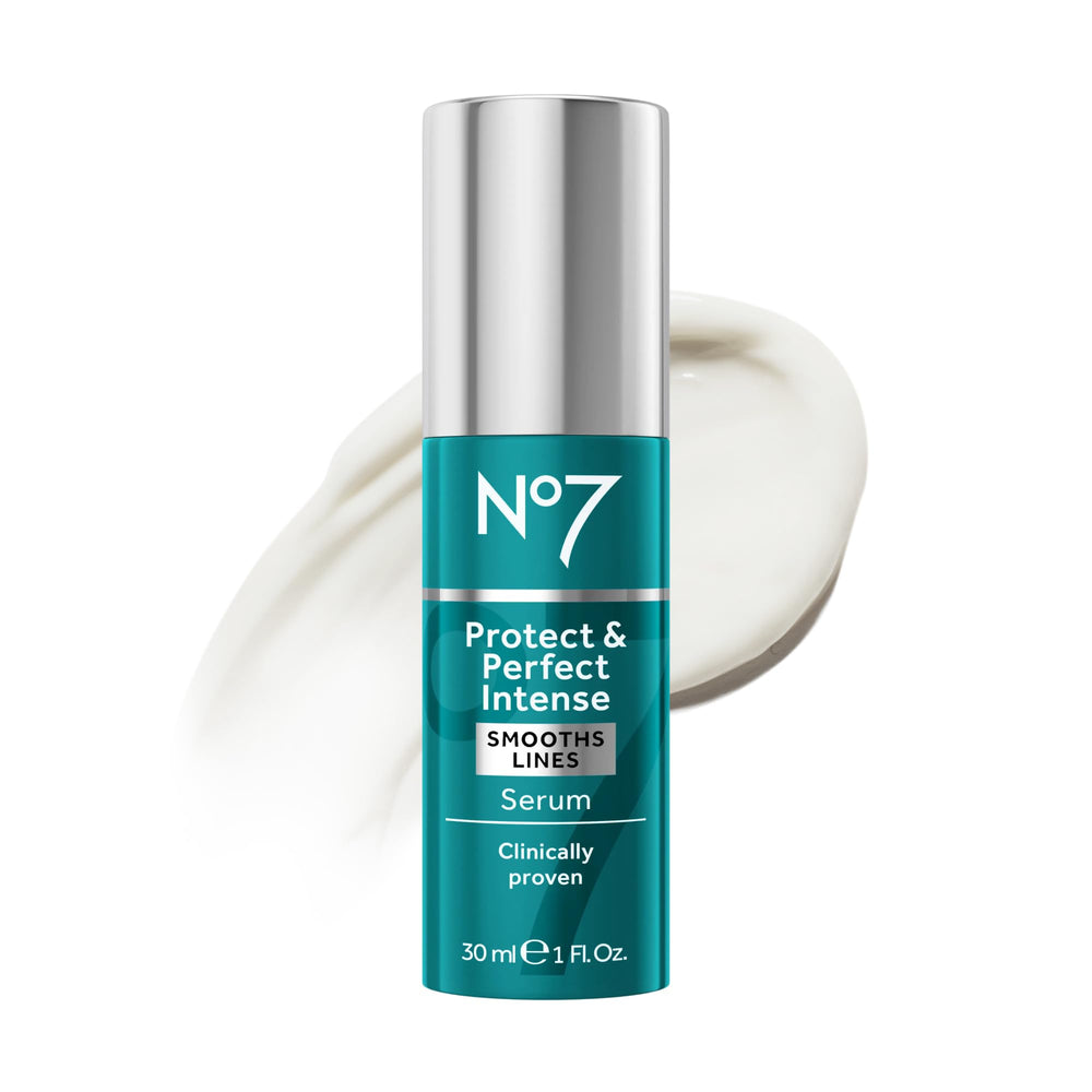 No7 Protect & Perfect serum bottle close-up, suggesting an anti-aging option for smoother-looking skin.