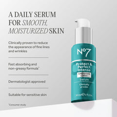 No7 Protect & Perfect serum bottle top close-up, ideal for on-the-go skincare routines.
