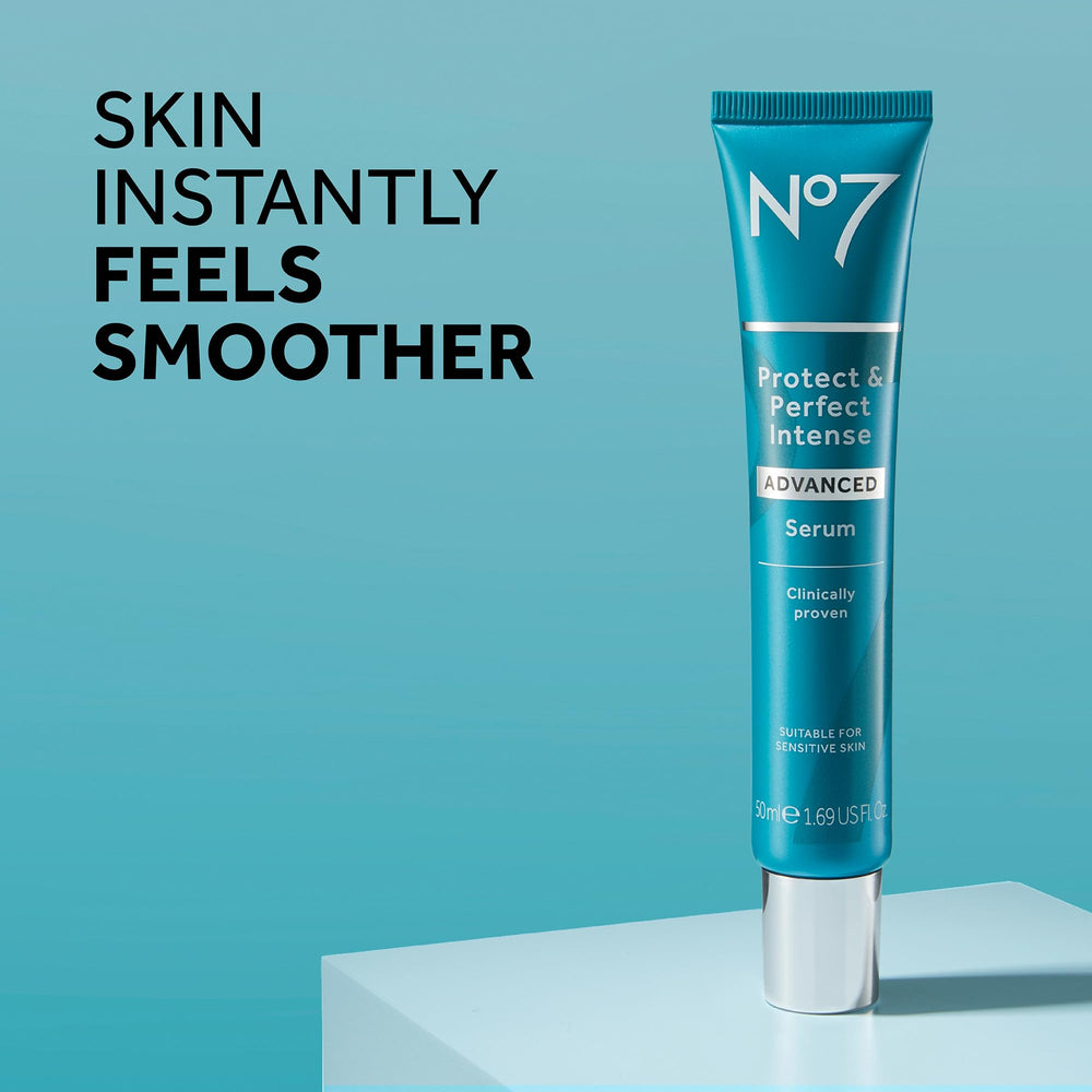 No7 Protect & Perfect Serum pump-action demonstrates easy, precise application