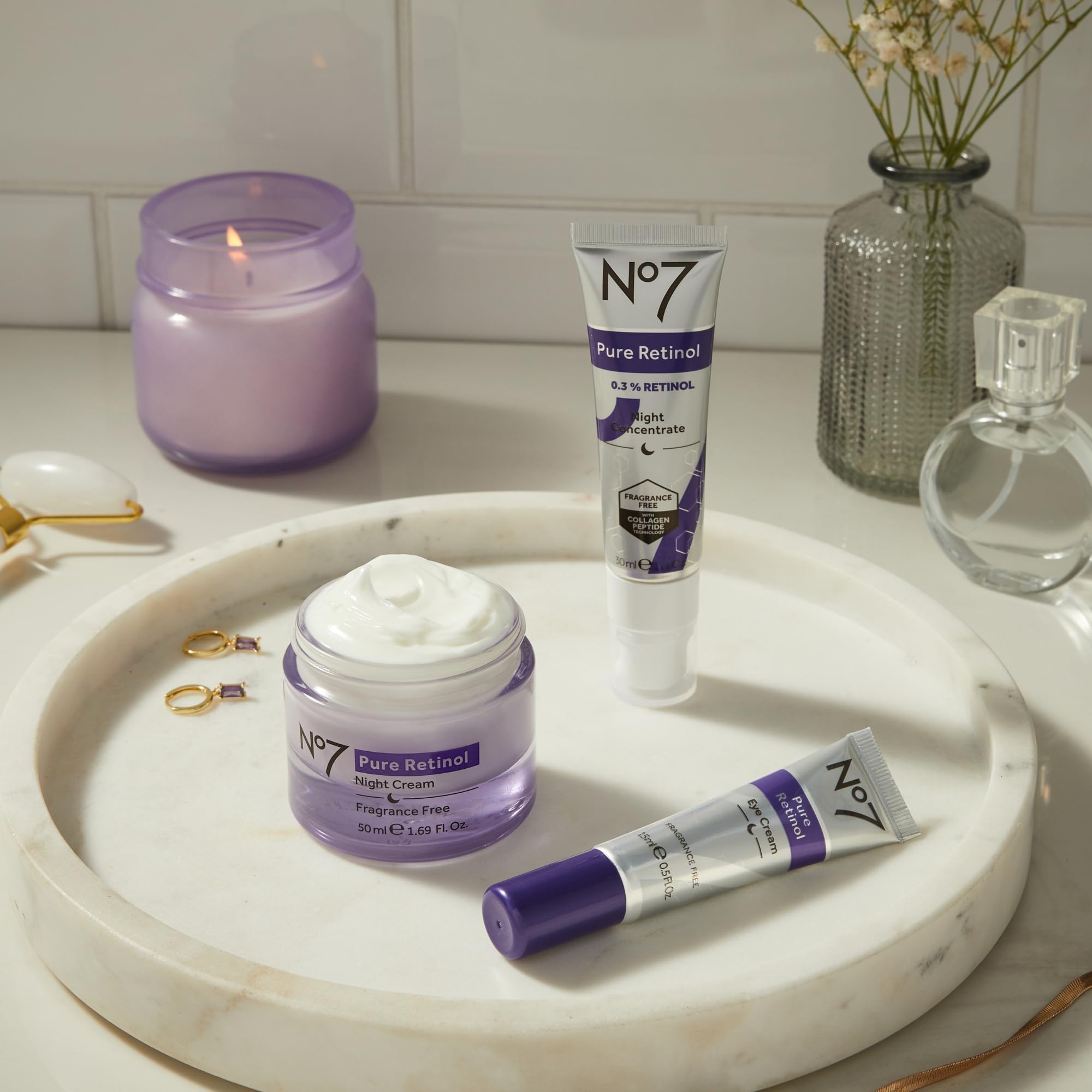 No7 Pure Retinol Eye Cream packaging on vanity ideal for nightly routine
