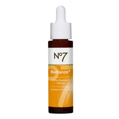 No7 Radiance+ serum bottle close-up highlighting brightening vitamin C for radiant skin.