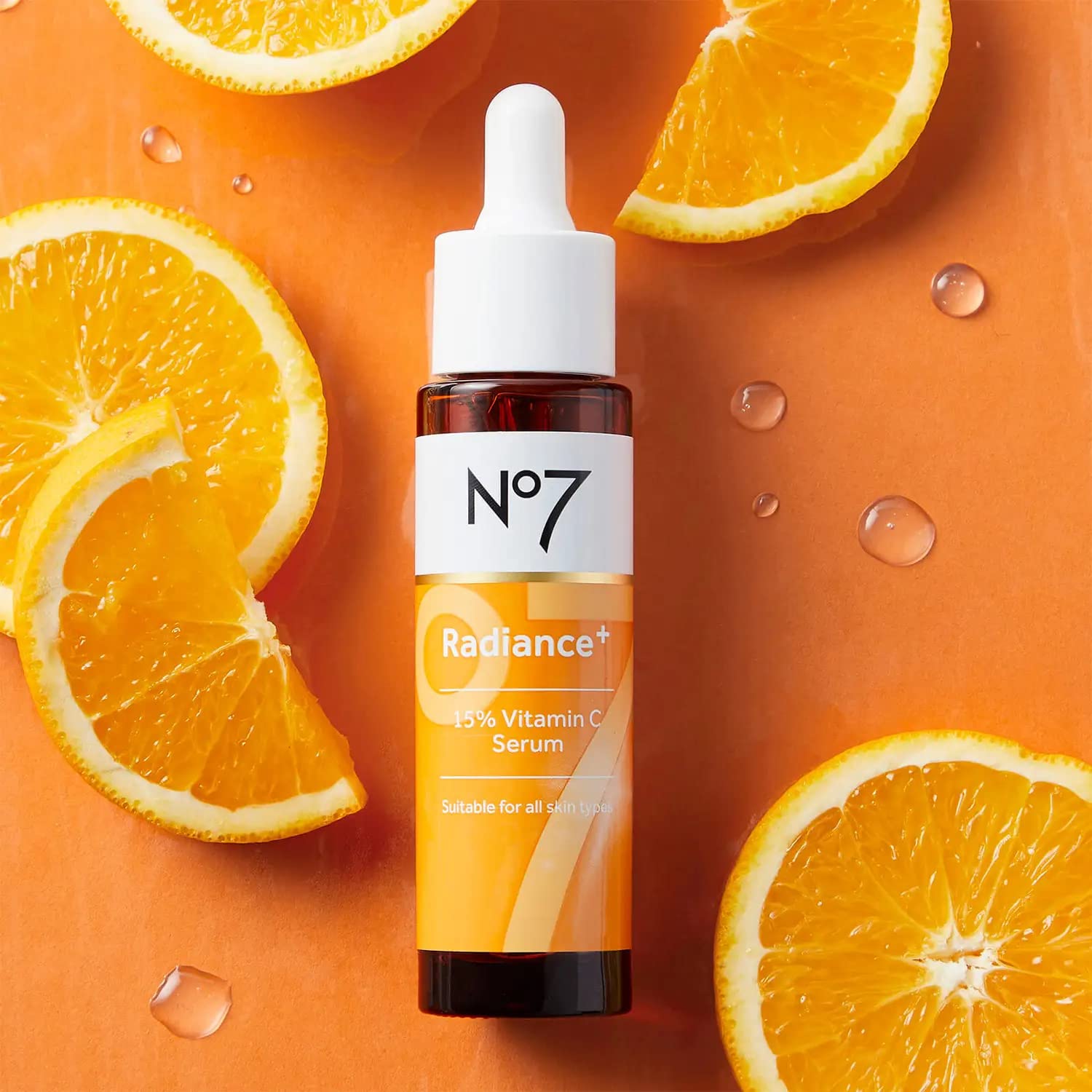 No7 Radiance+ serum dropper dispensing a precise amount for daily use.