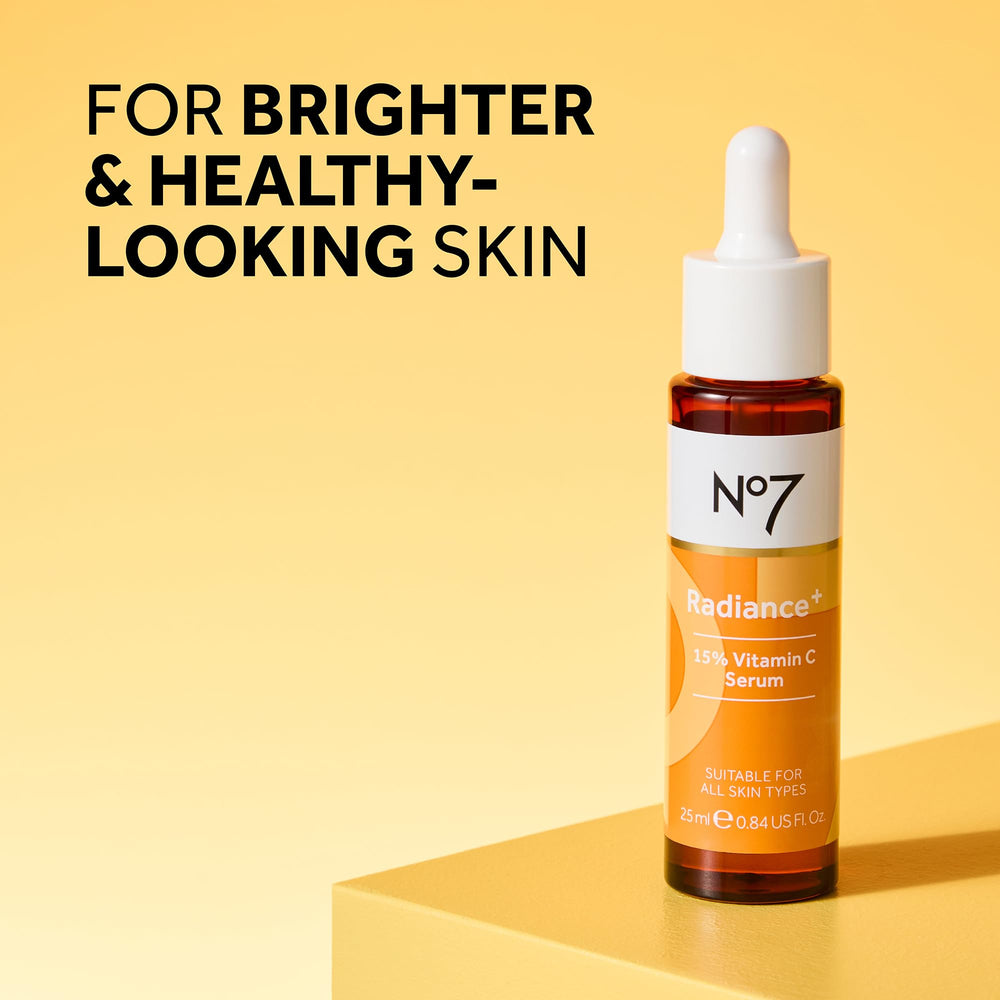 No7 Radiance+ serum gel texture displayed for a dewy, even complexion.