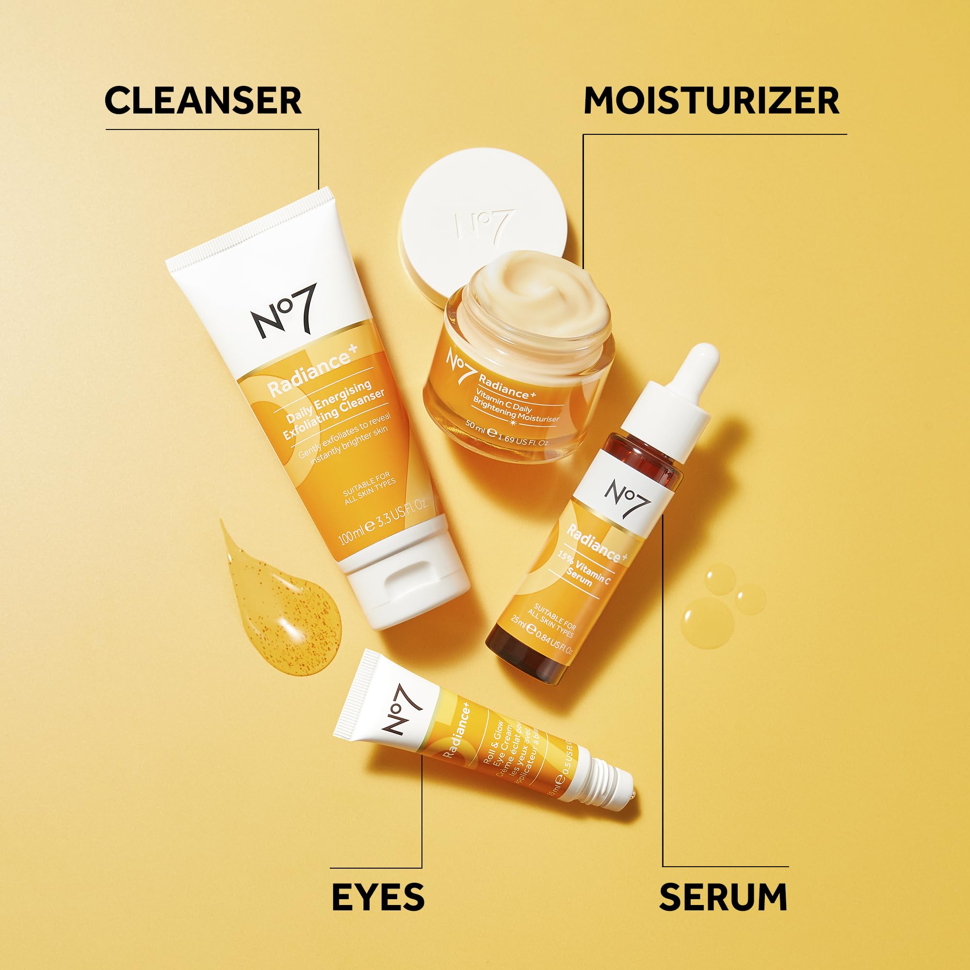 No7 Radiance+ packaging on a vanity showcases the Radiance+ range.