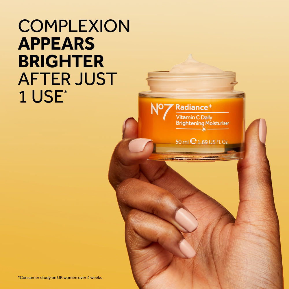 No7 Radiance+ moisturiser on face with radiant glow and refreshed look.