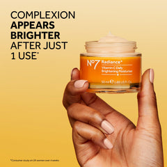 No7 Radiance+ moisturiser on face with radiant glow and refreshed look.
