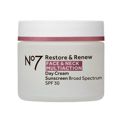 No7 Restore & Renew cream bottle with pump shows daily hydration and firming potential