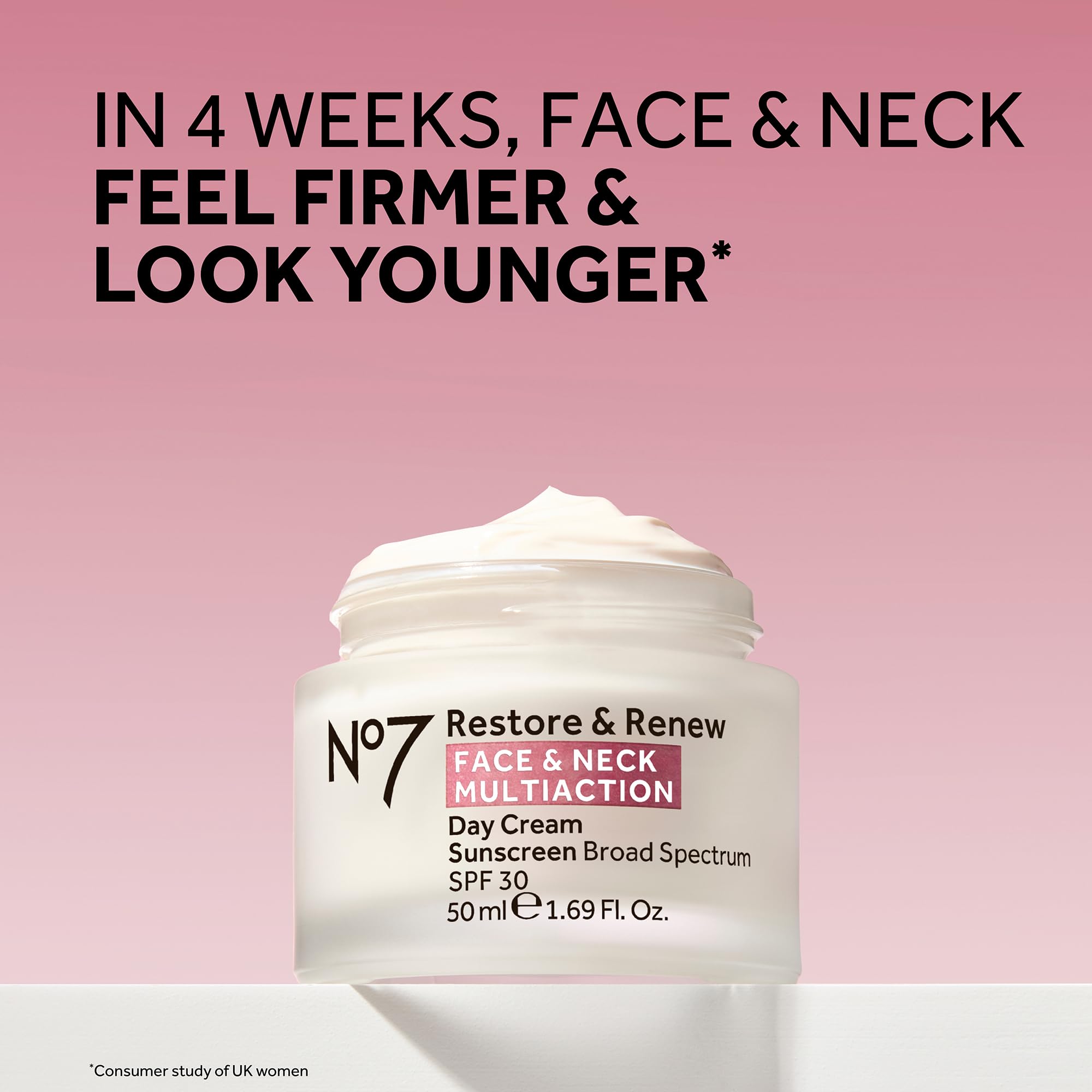No7 Restore & Renew SPF 30 label highlights protective moisture for daytime use