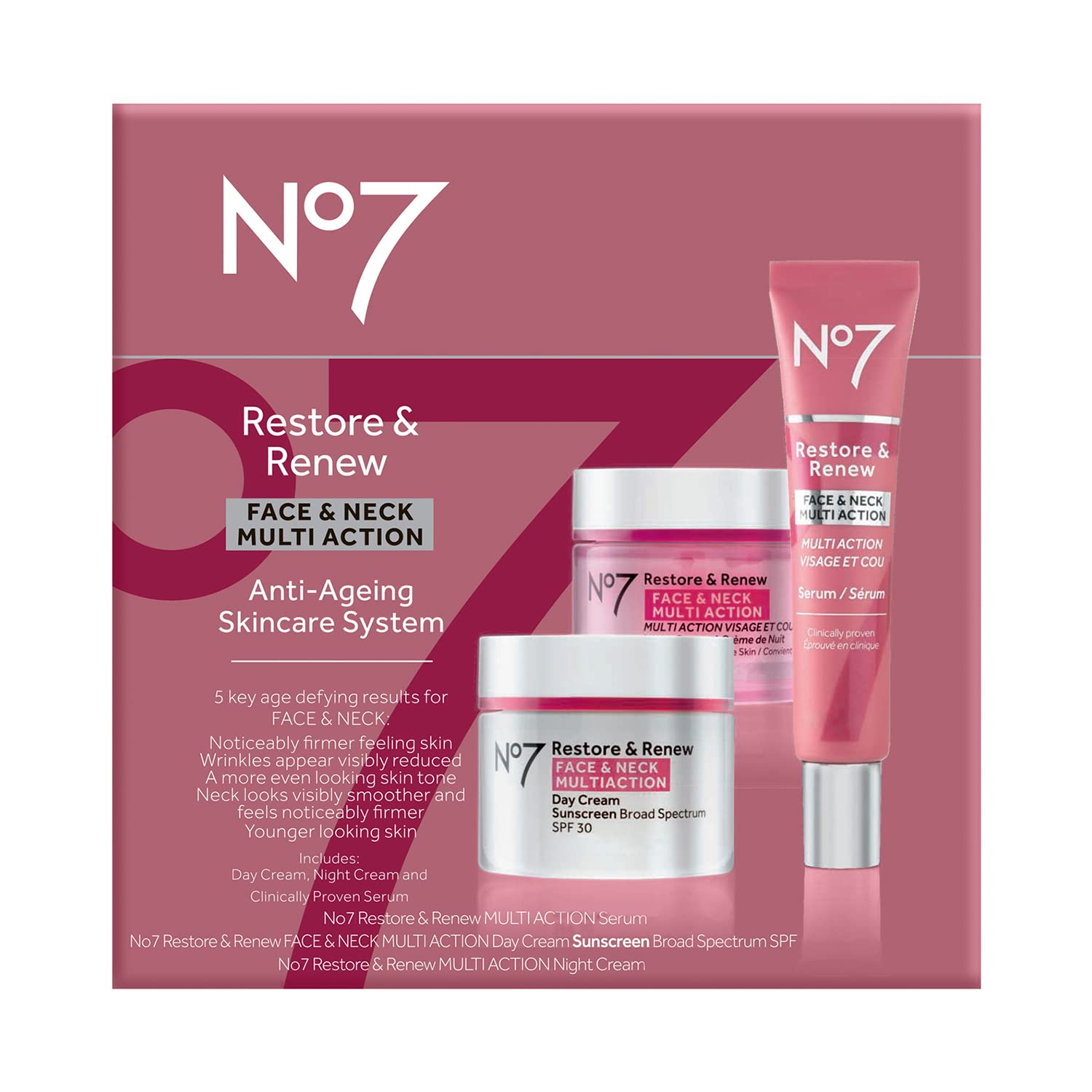 No7 Restore & Renew dual-action serum bottle provides collagen support for firmer-looking skin.