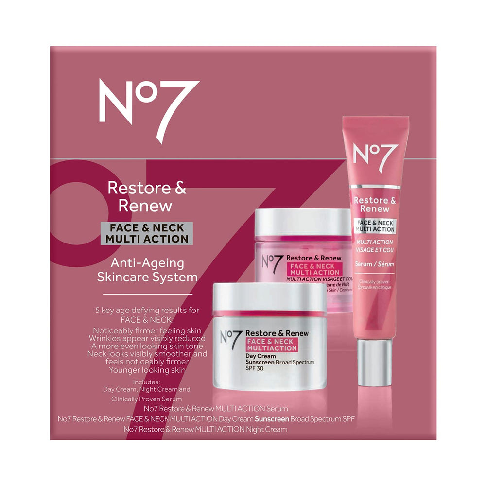 No7 Restore & Renew dual-action serum bottle provides collagen support for firmer-looking skin.