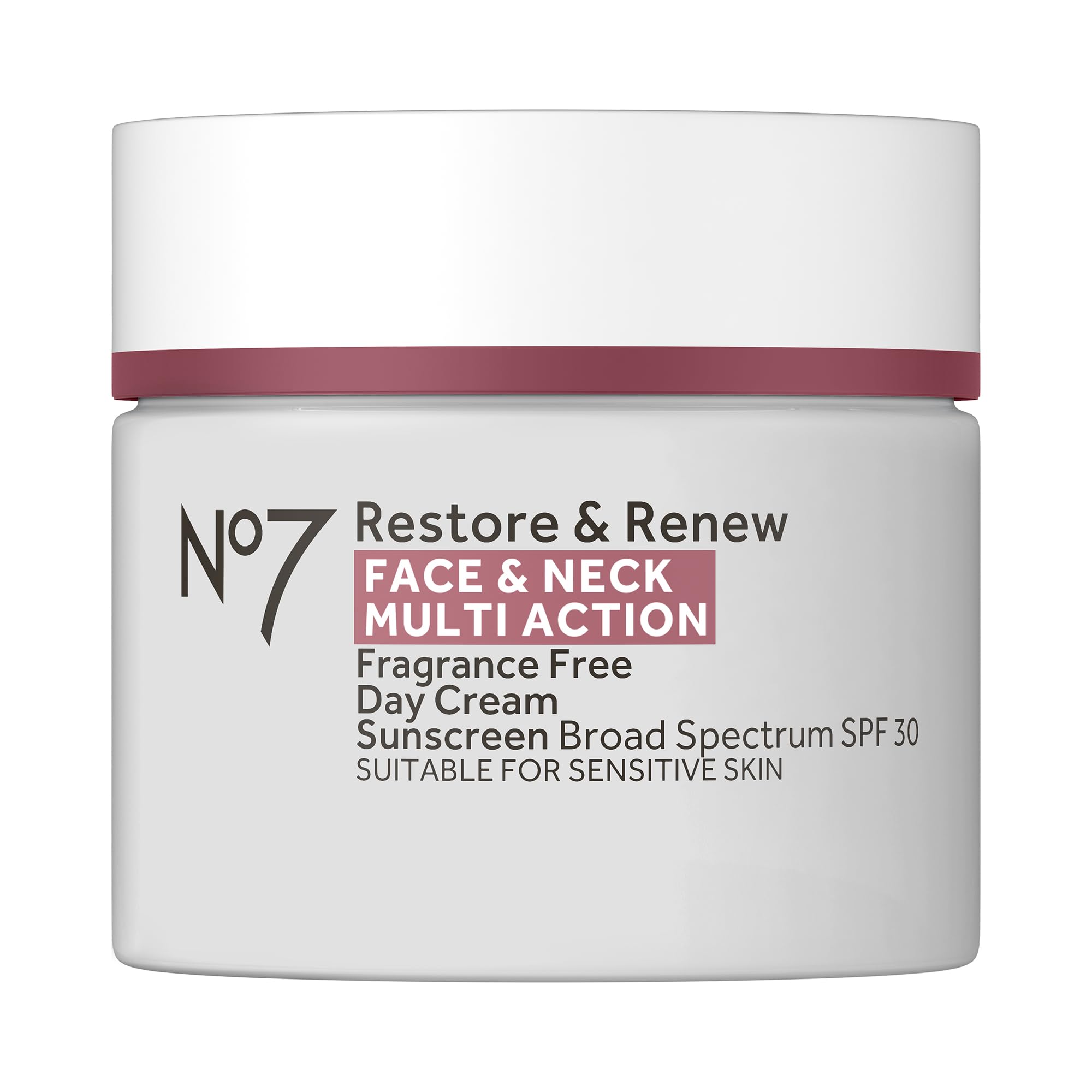 No7 Restore & Renew cream front label with SPF 30 for daily protection and hydration