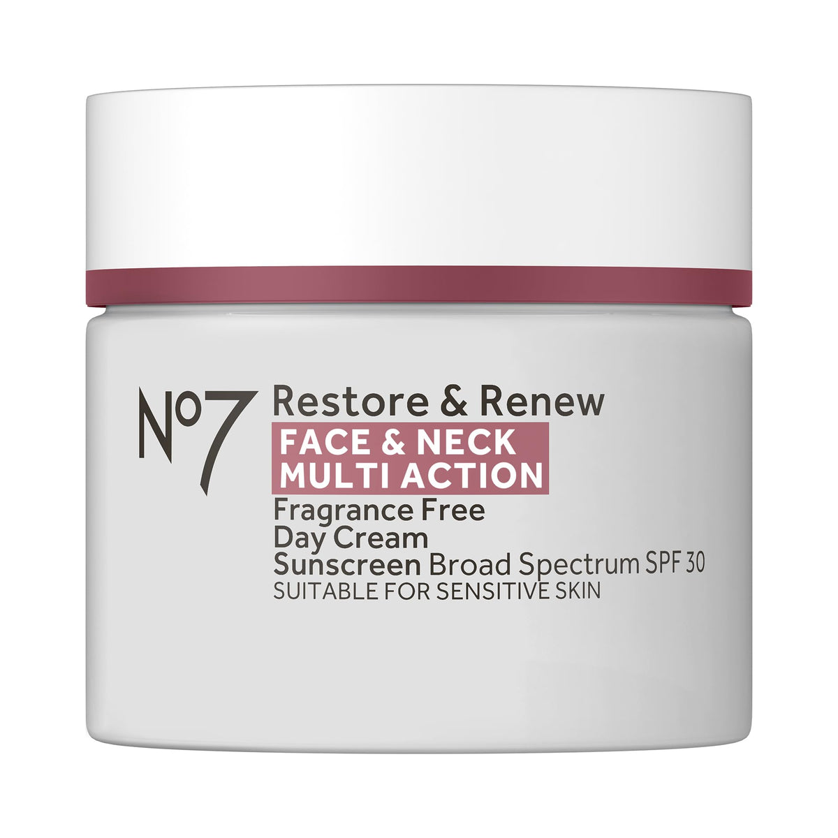 No7 Restore & Renew cream front label with SPF 30 for daily protection and hydration