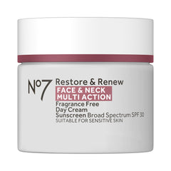 No7 Restore & Renew cream front label with SPF 30 for daily protection and hydration