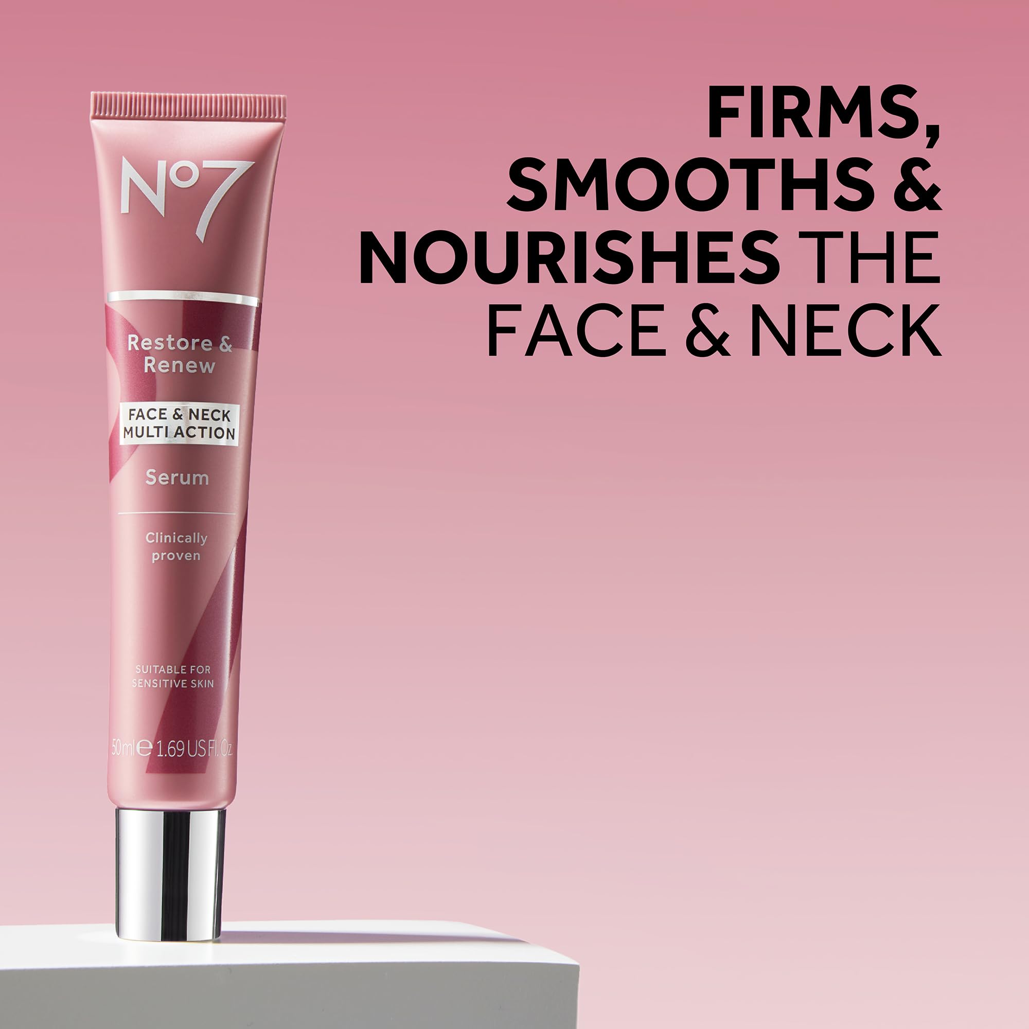 No7 neck-care swatch on skin highlights targeted neck-area benefits.