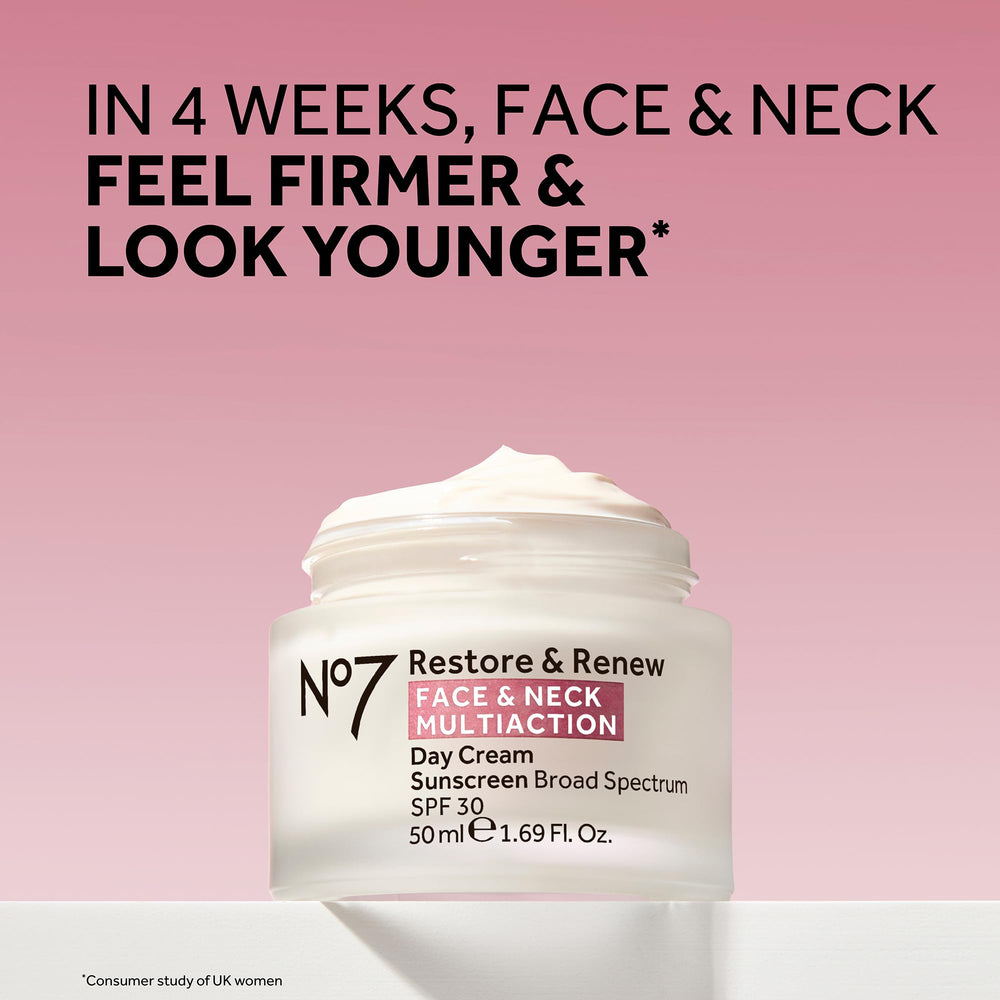 No7 Restore & Renew neck serum tube targets neck area for subtle firming.