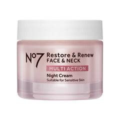 No7 Restore and Renew Night Cream bottle on vanity for overnight hydration.
