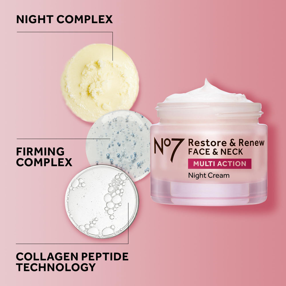 Neck area application of No7 Restore & Renew night cream