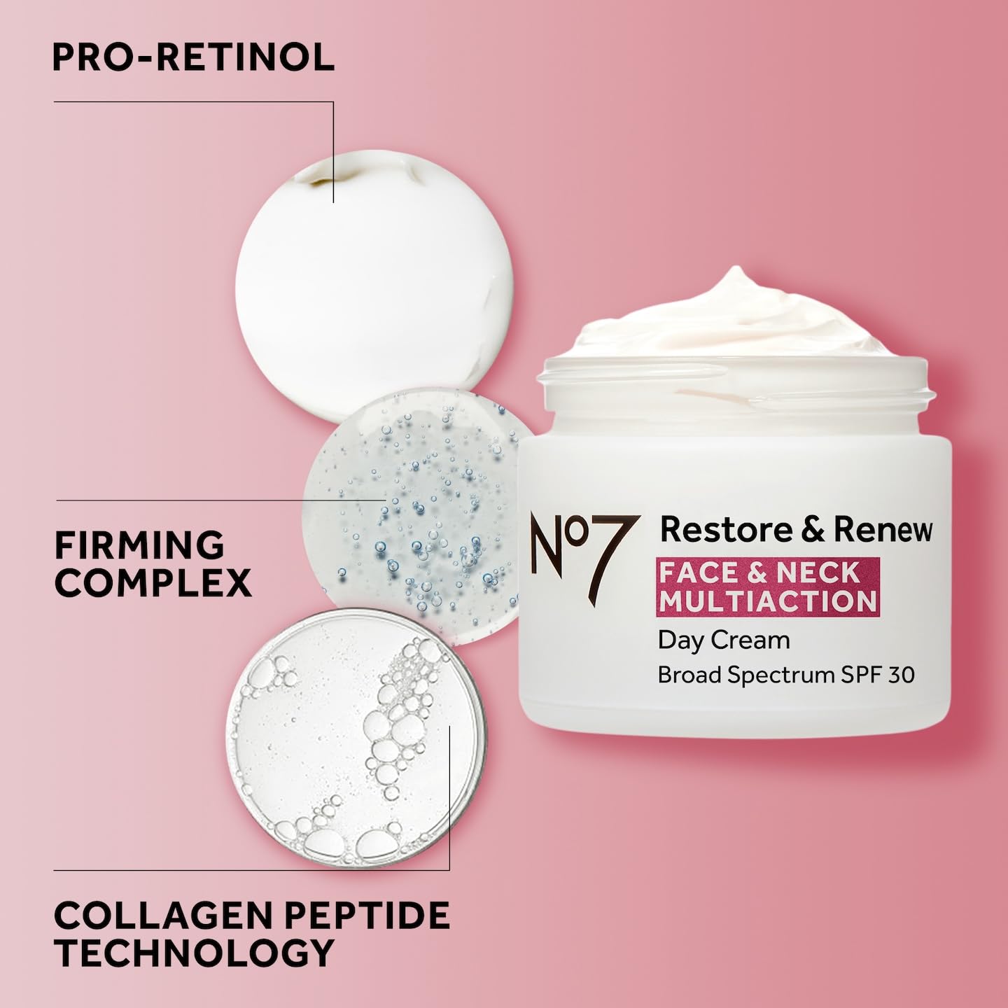 No7 Restore & Renew peptide detail underscores potential firming and smoother texture