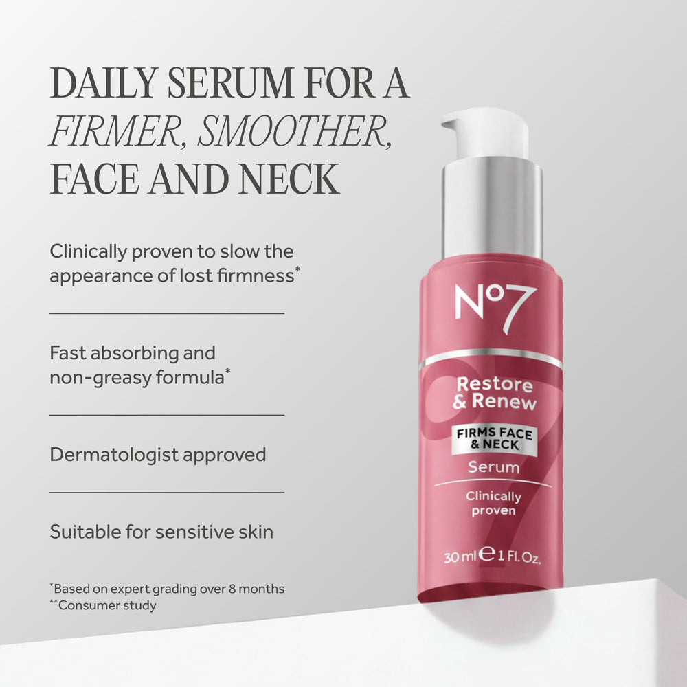 No7 Restore & Renew serum applied to the face for a firmer look